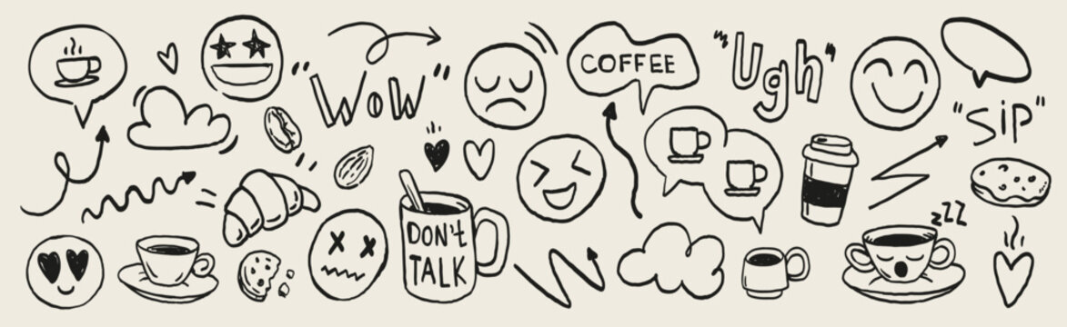 Hand drawn coffee and emotions doodle icon set with funny faces, quotes, cups, snacks and mood symbols. Playful black line art elements for stickers, social media, cafes and lifestyle branding.