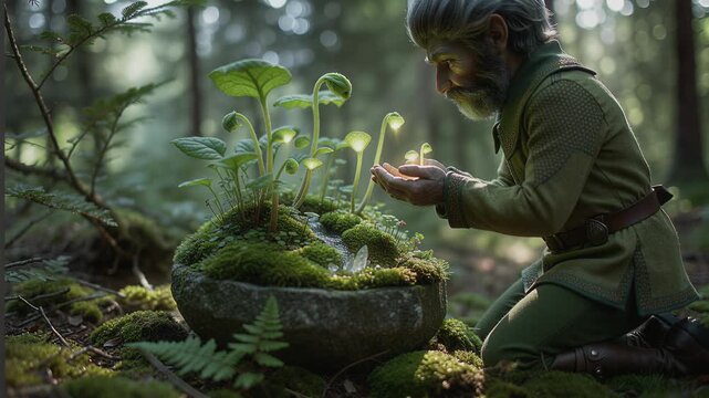 Fantasy gnome in a forest nurturing magical glowing plants. Elderly elf character caring for bioluminescent life. Nature and magic concept