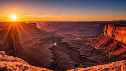 붉게 타오르는 협곡의 일출 풍경 사진