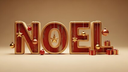 Golden Noel sign with Christmas ornaments and gifts