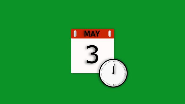 May month 3 date animation. Calendar and clock icon concept, on green background stunning 4k animation.