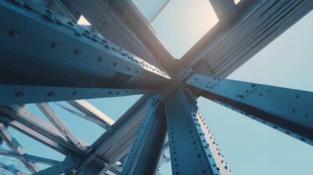 Massive steel bridge frame, upward shot, realistic and detailed structure