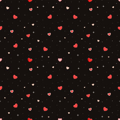 Numerous small heart shapes are scattered throughout the image. The hearts come in bright red, light pink, and cream colors. The background is in shades of black. This pattern can be used in fabrics © Sasiton