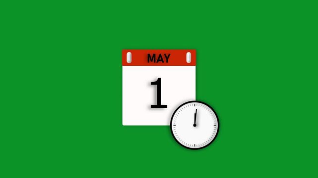 May month 1 date animation. Calendar and clock icon concept, on green background stunning 4k animation.