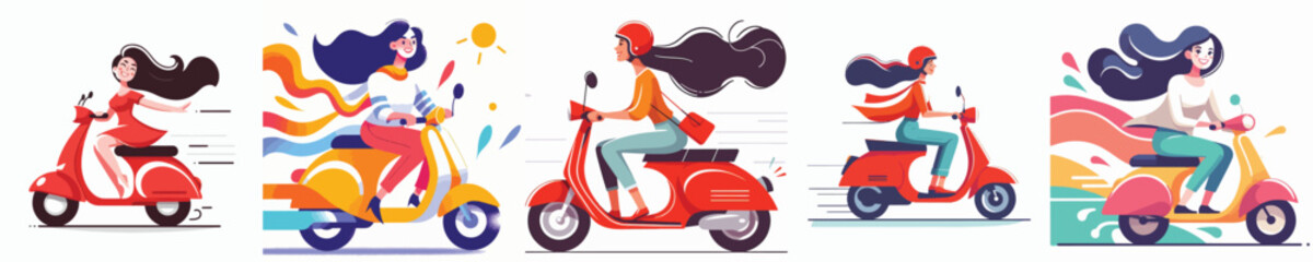 Beautiful Woman Riding A Scooter Vector Illustration © Fajar