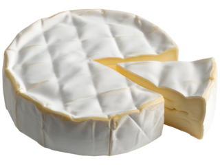 Round wheel of brie cheese with a slice cut out close up photography on a transparent background PNG