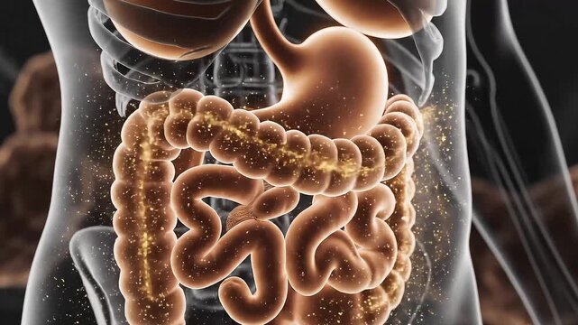 Detailed 3D rendering of the human digestive system, highlighting the intricate gut microbiome and its essential functions for metabolic health and nutrient absorption