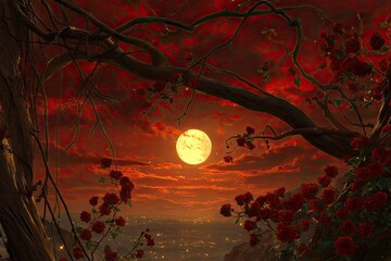 Eerie red sky, roses, and bare branches frame a golden moon