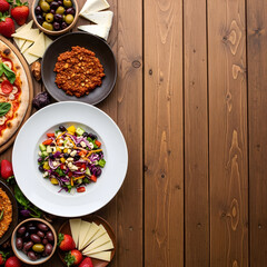 Delicious italian food spread on a wooden table