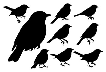 Small bird silhouettes vector set of black robin and sparrow icons