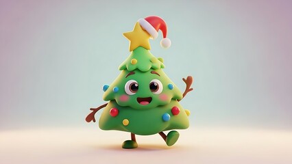 Fototapeta premium Cute Christmas tree character wearing Santa hat and running happily