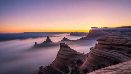 새벽 안개 속 솟아오른 바위 산 풍경