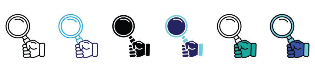 Hand Holding Magnifying Glass Icons Set for Search and Analysis