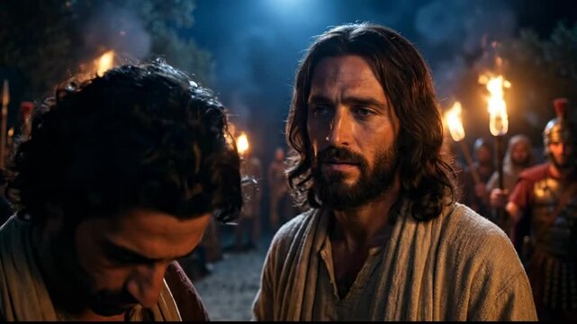 Good Friday - Judas Iscariot Kissing Jesus. Betrayal in the Garden of Gethsemane at Night. Roman Soldiers Silhouette. Holy Week Concept