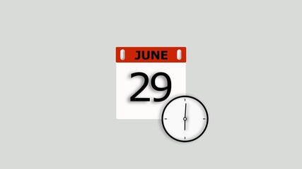 June month 29 date animation. Calendar and clock icon concept, on white background stunning 4k animation.