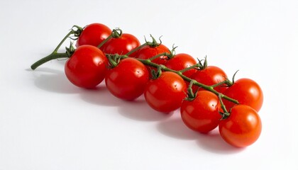 Top-down view of eight ripe red cherry tomatoes attached to a green vine, arranged on a clean white background. Tomatoes are glossy and smooth, with curved stems and vibrant color contrast. Emphasis o