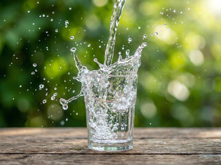 Fresh clear water pouring into glass creating splash on wooden table against green nature bokeh background
