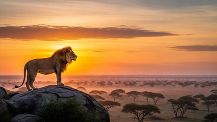 석양 아래 사자가 웅장하게 서 있다