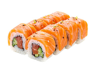 Delicious Salmon Sushi Rolls with Cucumber and Sesame Seeds. © burhan