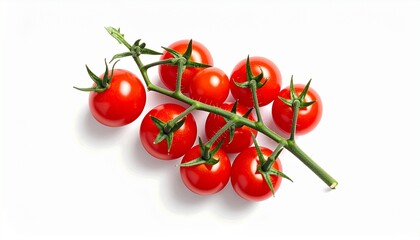 Top-down view of eight ripe red cherry tomatoes attached to a green vine, arranged on a clean white background. Tomatoes are glossy and smooth, with curved stems and vibrant color contrast. Emphasis o