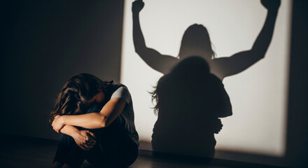 Woman sitting in a difficult position with a shadow behind her raising her arms in triumph. Becoming stronger for mental health and resilience concept