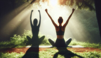 Woman sitting in a difficult position with a shadow behind her raising her arms in triumph. Becoming stronger for mental health and resilience concept