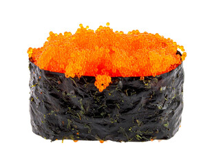 Close-up of a single Tobiko Gunkan Maki sushi roll. © burhan