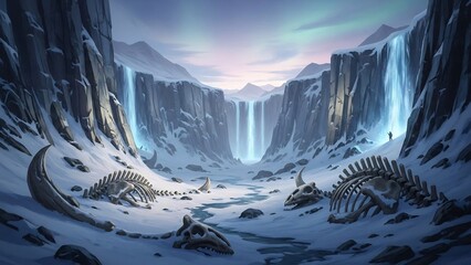 눈 덮인 계곡, 폭포가 흐르는 환상적 풍경