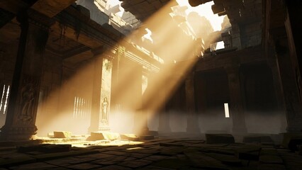 신비로운 폐허 속으로 쏟아지는 따스한 햇살