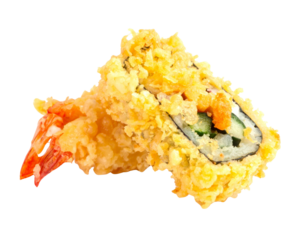 Delicious Tempura Shrimp Sushi Roll Isolated on White Background.