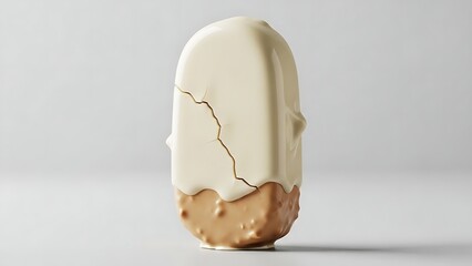 Creamy ice cream covered with glossy white chocolate glaze in a minimalist studio setting