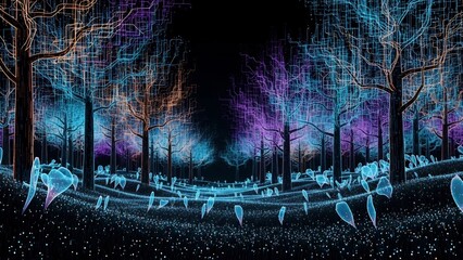 신비로운 숲, 푸른 빛으로 빛나는 나무들