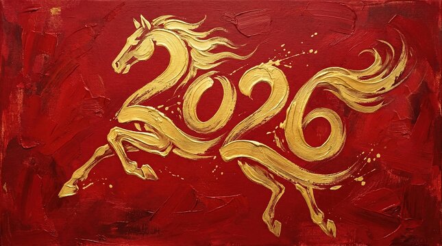 2026 Chinese New Year. Galloping horse shape combined with calligraphy of 2026 gold on red canvas impasto paint. Oriental zodiac art