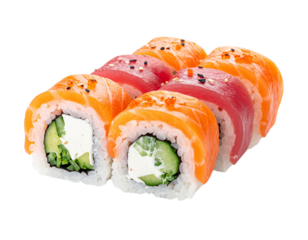 Delicious Salmon and Tuna Sushi Rolls with Cream Cheese and Avocado.