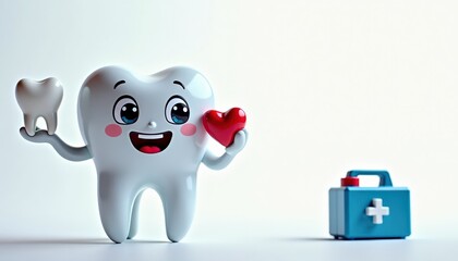 Cartoon tooth character holding a heart and a tooth, standing beside a medical kit, promoting dental health and care in a fun, engaging manner with vibrant colors and cheerful expression