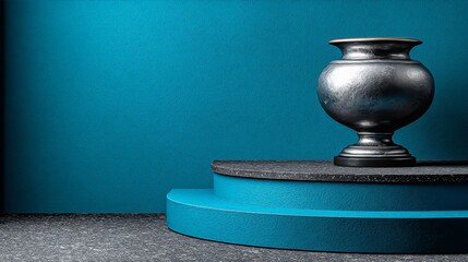 Timeless Urn in Azure: An elegant, metallic urn, stands gracefully on a blue platform against a vibrant azure backdrop. Evoking feelings of historical reverence and artistic appreciation.
