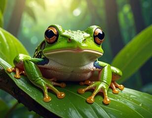 Vivid portrait of a tree frog perched on a lush, tropical leaf