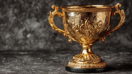 Golden Trophy's Triumph: A close-up studio shot presents a detailed view of a lustrous golden trophy. Its intricate design and elegant curves symbolize victory, achievement.
