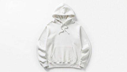 An isolated overhead view of a simple white pullover hoodie featuring a drawstring hood and front pocket