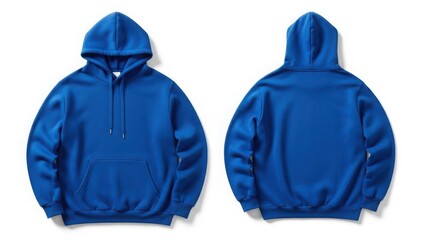 A plain blue hoodie displayed from front and back view on white background