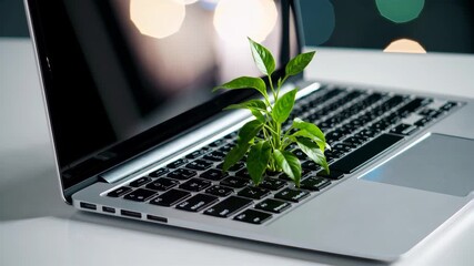 A fresh green plant growing from a laptop keyboard, symbol of eco-friendly technology and digital sustainability, green IT, futuristic environmental concept, soft glowing bokeh background - Powered by Adobe