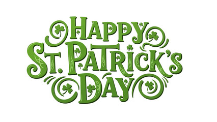 Happy St. Patrick's Day Green Typography with Shamrocks and Swirls