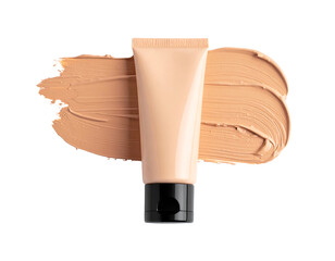 A tube of foundation with a swatch of makeup on a white background.