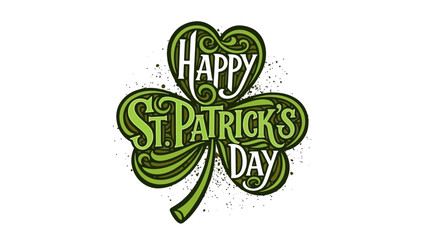 Happy St. Patrick's Day text art on a green shamrock, Irish holiday celebration