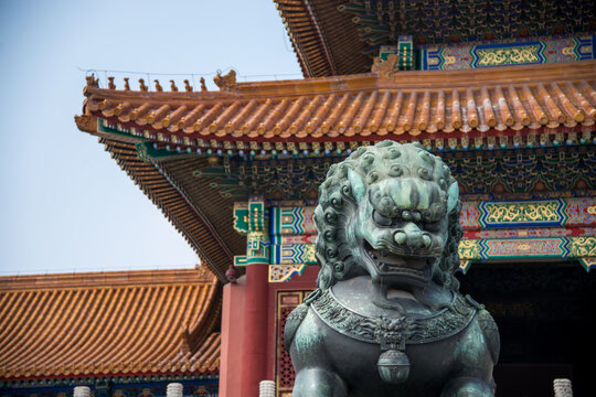 Forbidden City Beijing - Traditional Chinese Lion Guardian Statue & Temple Architecture