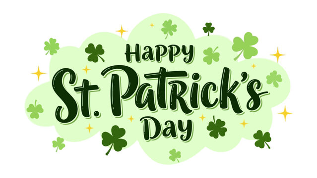 Happy St. Patrick's Day greeting with shamrocks and stars on a light green background