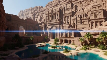 웅장한 협곡, 고대 건축물이 햇빛 아래 빛나다