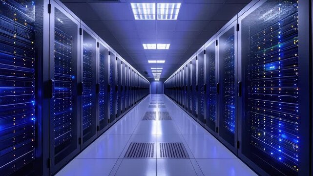 A long data center hallway, rows of servers illuminated in blue light, perspective view