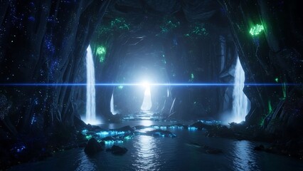 신비로운 동굴 폭포, 빛나는 푸른 물결 풍경