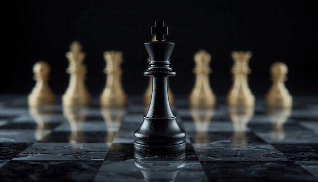 Re nero degli scacchi in primo piano su scacchiera, concetto di autorevolezza. Generative AI